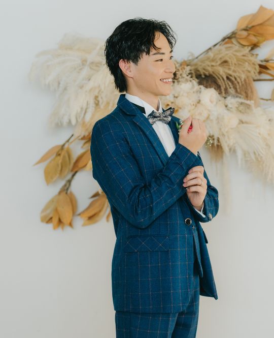 ブルーチェックのタキシード