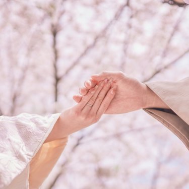 桜の花越しに、手を取り合う白無垢の花嫁とベージュの羽織の新郎の手元をとらえた一枚。春の桜で撮る和装前撮りの手元カット