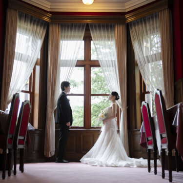 赤い椅子が並ぶダイニングの奥、窓辺で向かい合う新郎新婦を広く写したクラシカルな洋館の前撮り