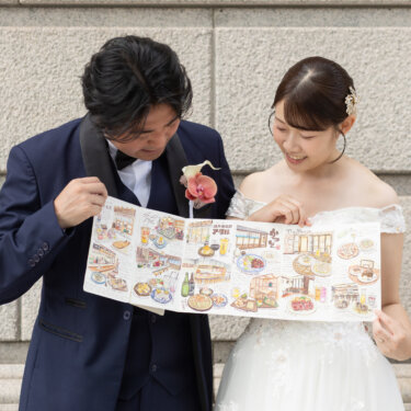石の壁の前でイラストマップをのぞき込み、行き先を相談するような新郎新婦。小物を使ってストーリー性を出した洋装前撮り