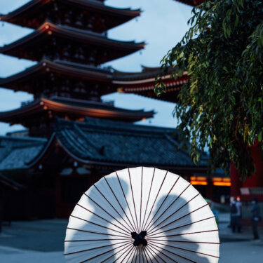 浅草寺の五重塔を背景に、白い和傘だけをこちらに向けて顔を隠した新郎新婦。和装前撮りで人気の和傘アイテムを使った一枚