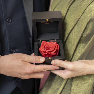 赤いバラの入った黒い箱を差し出す新郎の手と、カーキのドレスの花嫁の手元のアップ。プロポーズ再現の前撮りで残したい手元カット