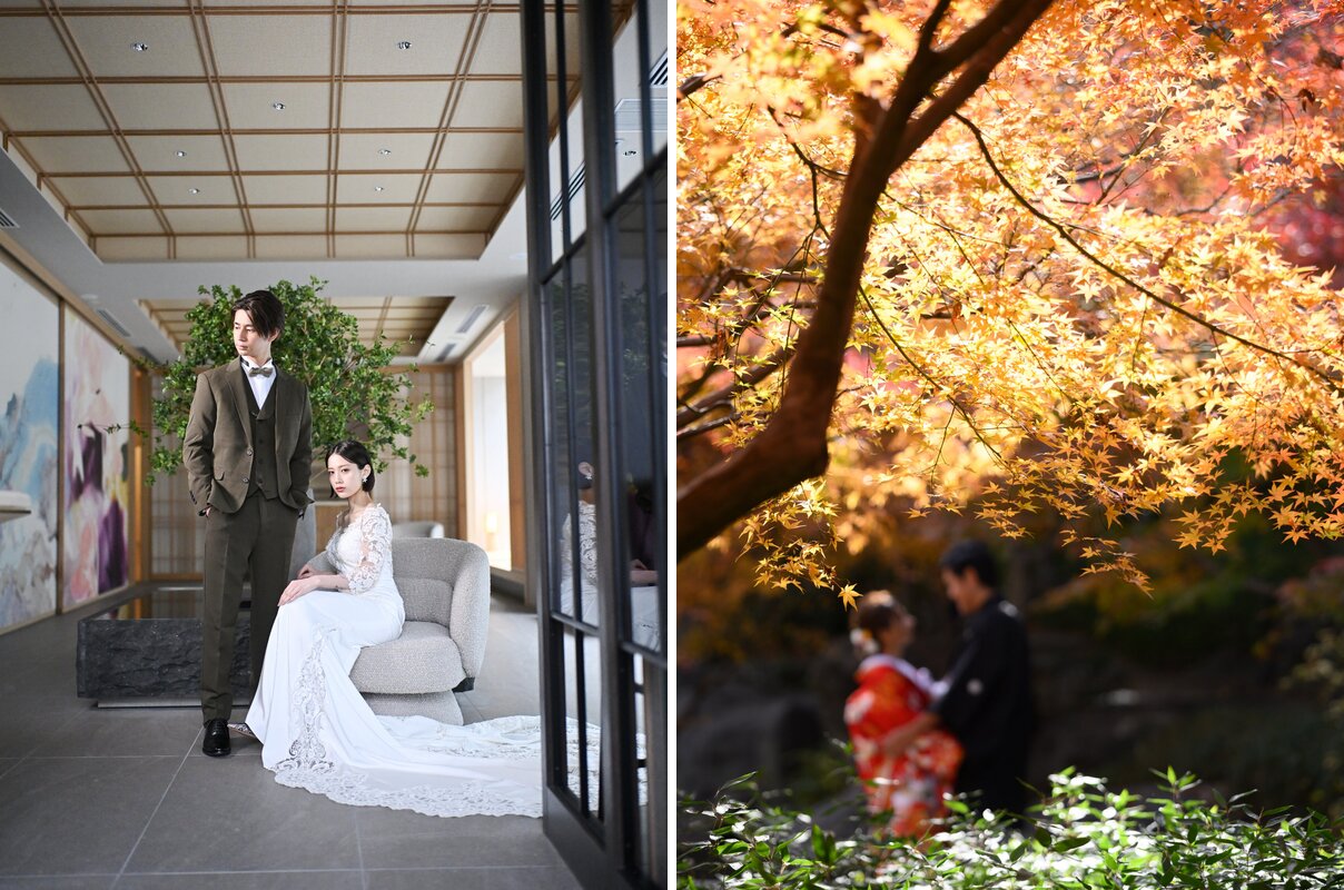 モダンスタジオのソファに座るウェディングドレスの花嫁とスーツの新郎、黄金色のもみじの下で寄り添う色打掛の花嫁。スタジオ洋装と紅葉ロケーション和装の前撮り