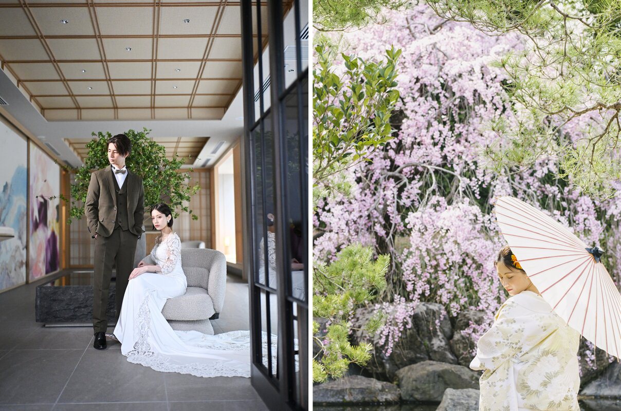 モダンスタジオのソファに座るウェディングドレスの花嫁とスーツの新郎、枝垂れ桜を背に白い和傘を差す色打掛の花嫁。スタジオ洋装と桜ロケーション和装の前撮り