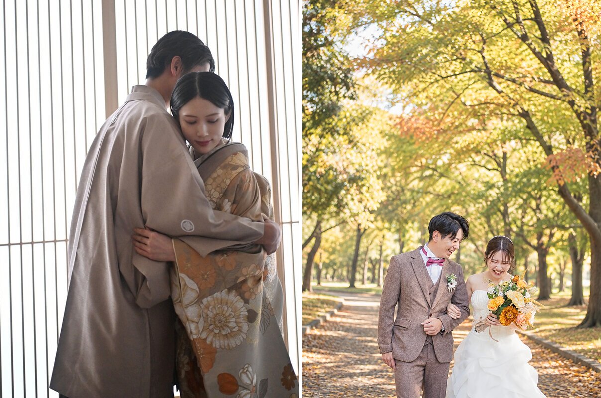 和モダンスタジオで抱き合う紋付袴の新郎と色打掛の花嫁、黄色く色づいた並木道を腕を組んで歩く洋装の新郎新婦。スタジオ和装と紅葉ロケーション洋装の前撮り