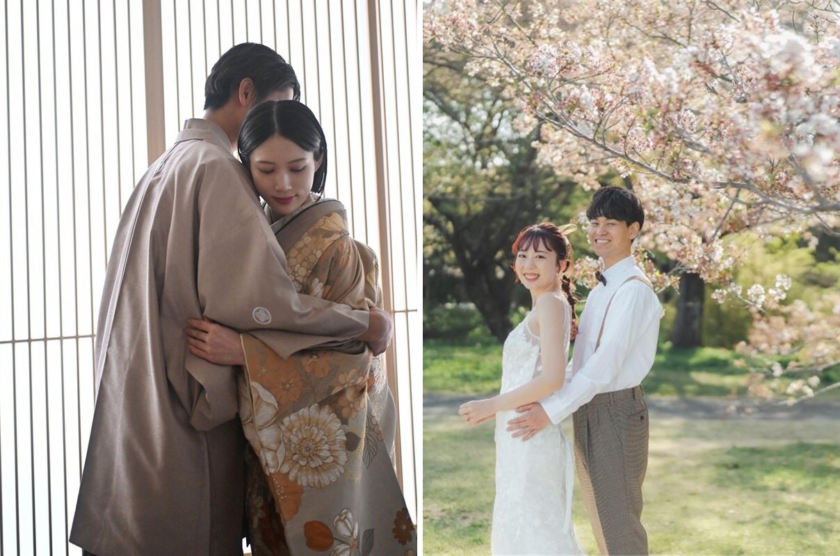 和モダンスタジオで抱き合う紋付袴の新郎と色打掛の花嫁、満開の桜の下で花嫁を後ろから抱きしめる白いシャツの新郎。スタジオ和装と桜ロケーション洋装の前撮り